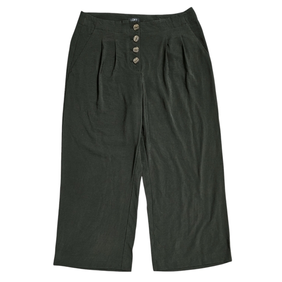 LOFT Olive Green High Rise Wide Leg Cropped Button Front Lightweight Fluid Pants - Picture 1 of 10